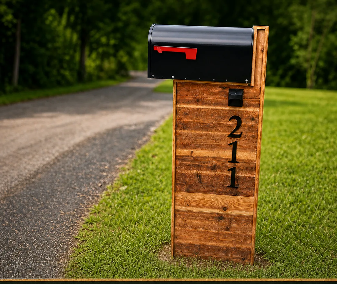 Custom cedar mailbox beside a driveway