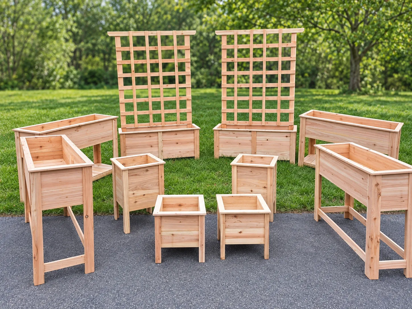 Group of custom cedar planters, including raised boxes and trellis planters
